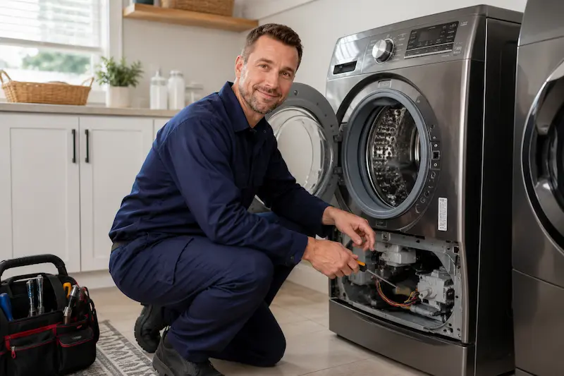 Washer repair technician at work